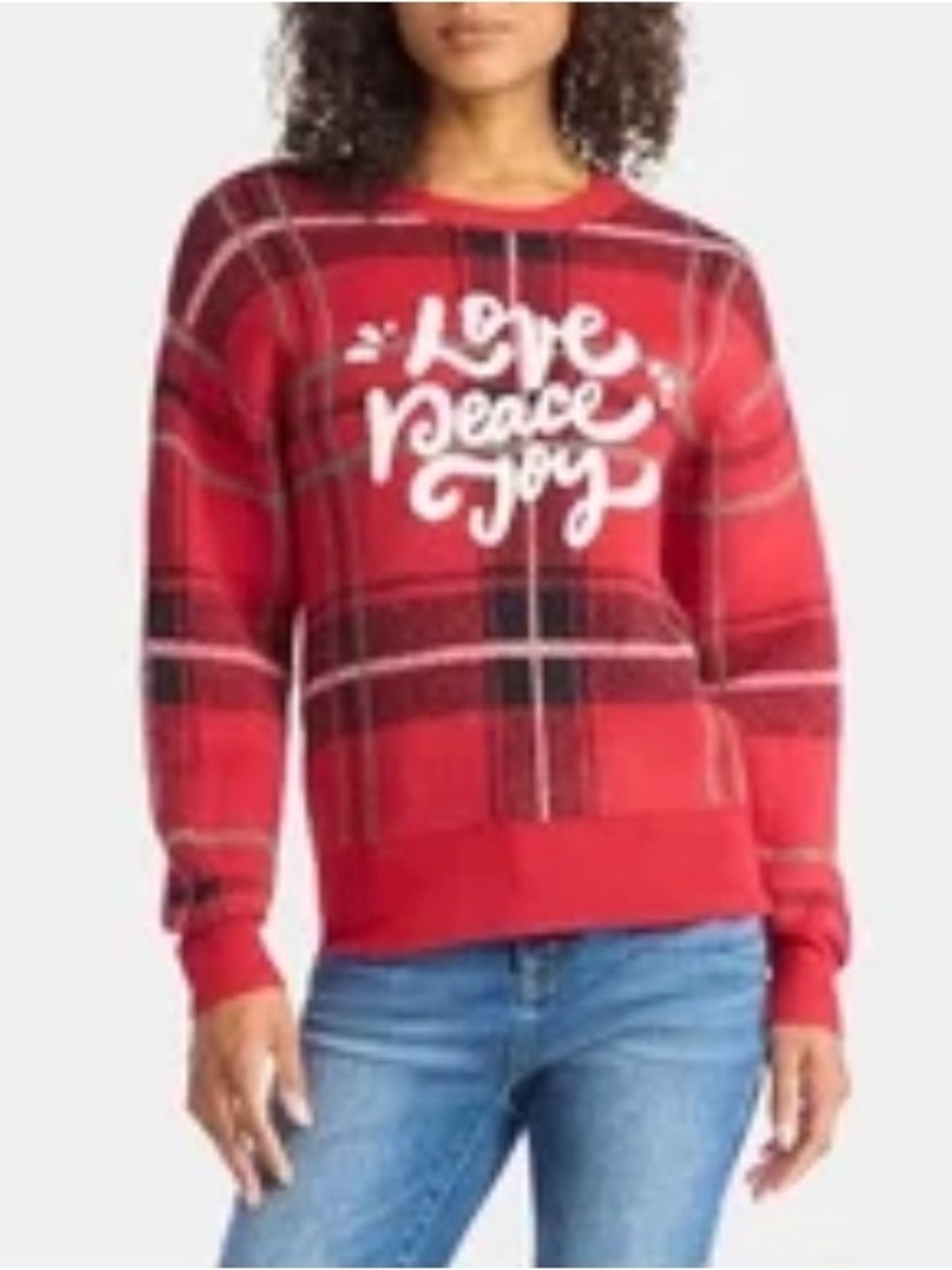 Holiday Time Red Plaid 'Love Peace Joy' Crewneck Sweater